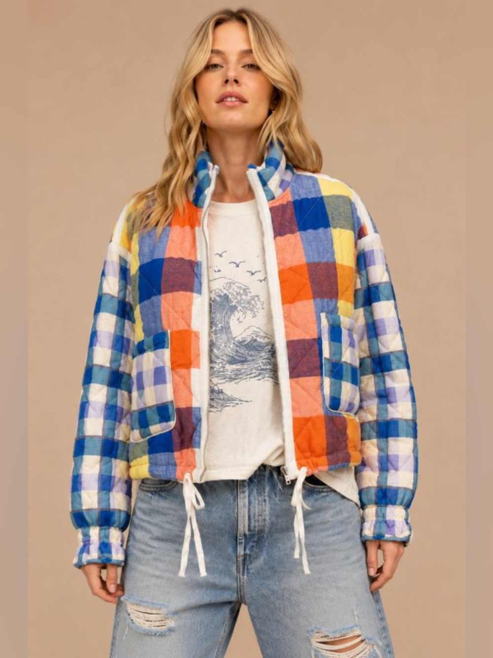 Blue plaid quilted embroidered patchwork puffer zip pocket boho jacket coat